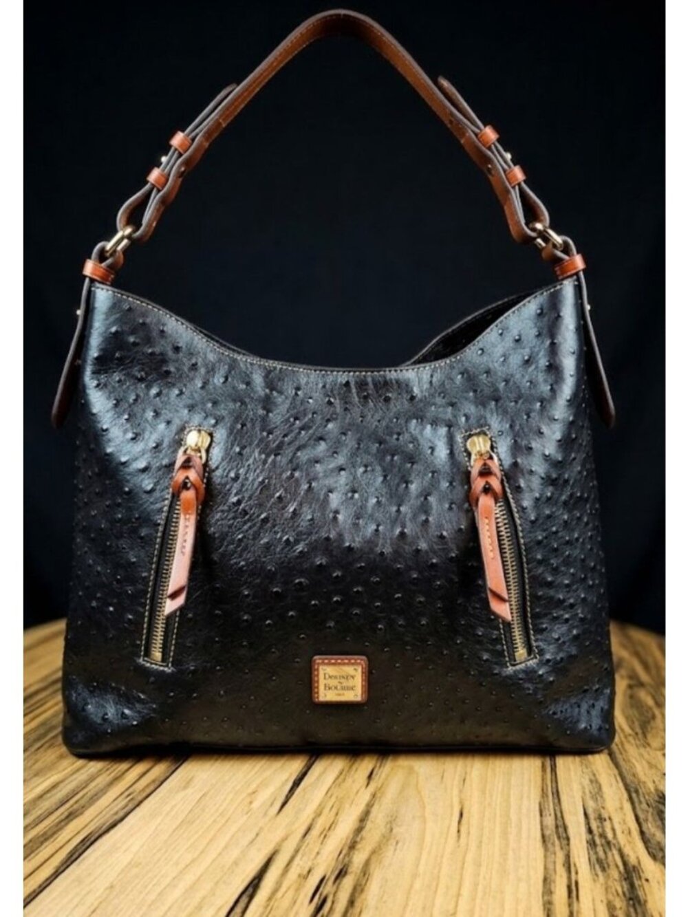 Dooney & Bourke Leather Embossed Ostrich Cooper Hobo Black Shoulder Bag
